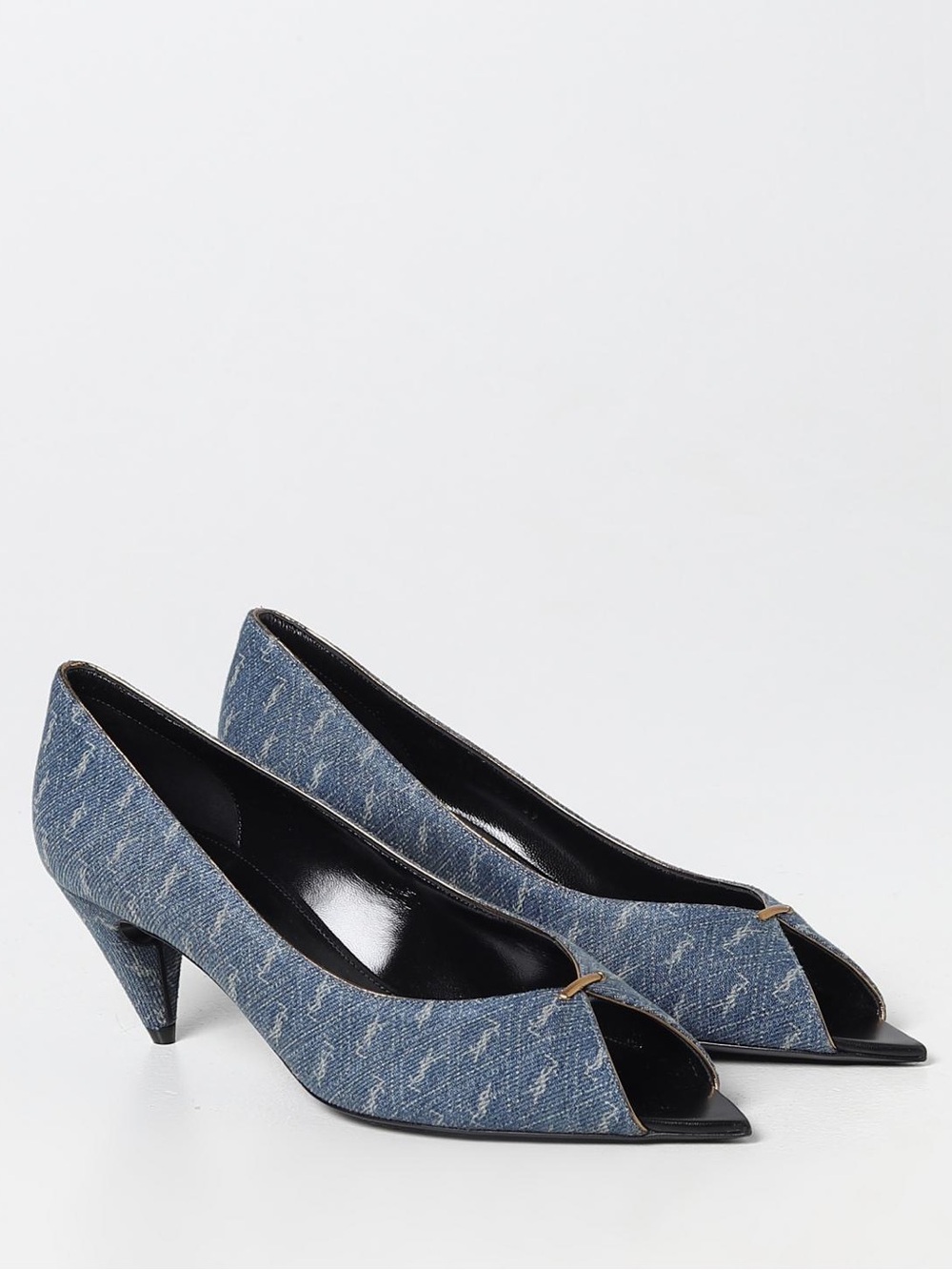 Saint Laurent Lola Denim YSL Monogram Pointed Open Toe Pumps